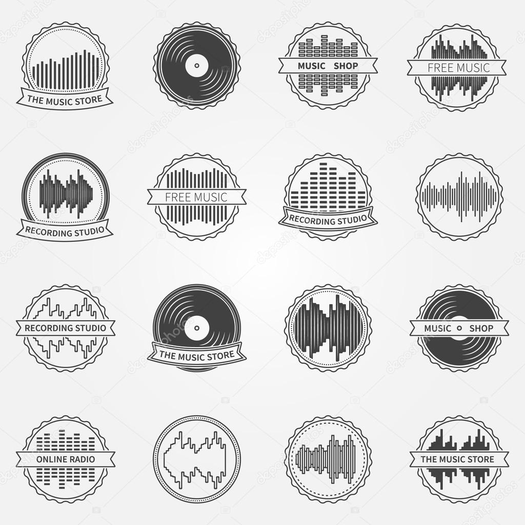 Sound vector logo, emblem - vector set of recording studio, music shop icons and badges