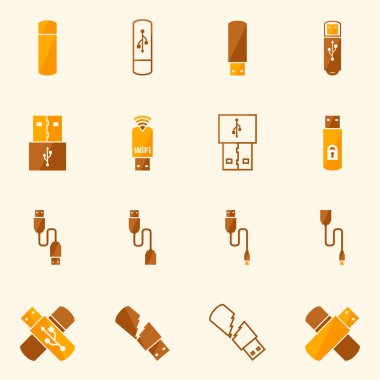 USB düz sarı simgeler vektör set