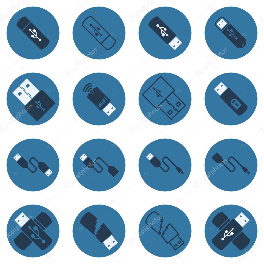 USB vector flat icons - set of dark blue cables and usb flash drives symbols
