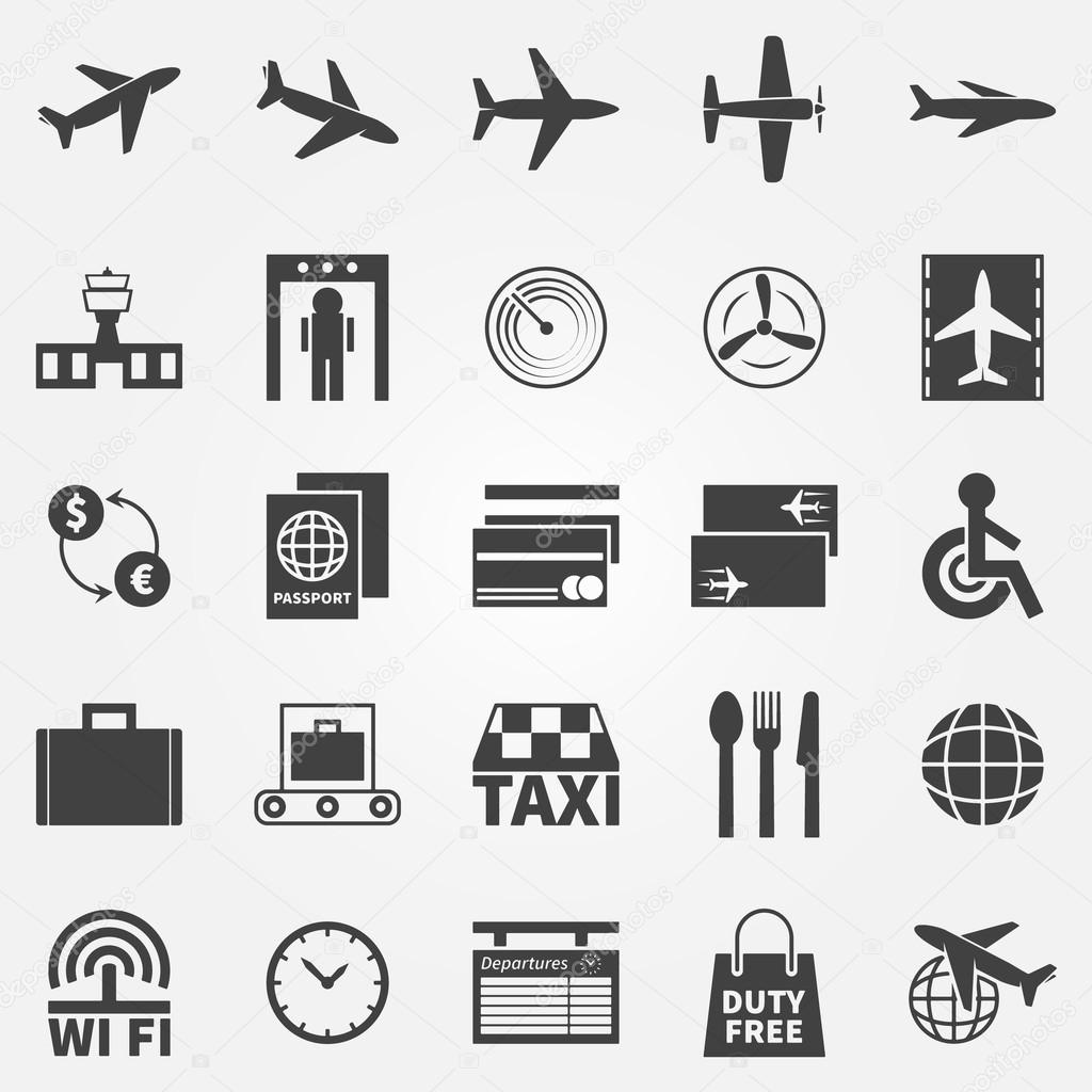 Airport icons - black vector logo or symbols set