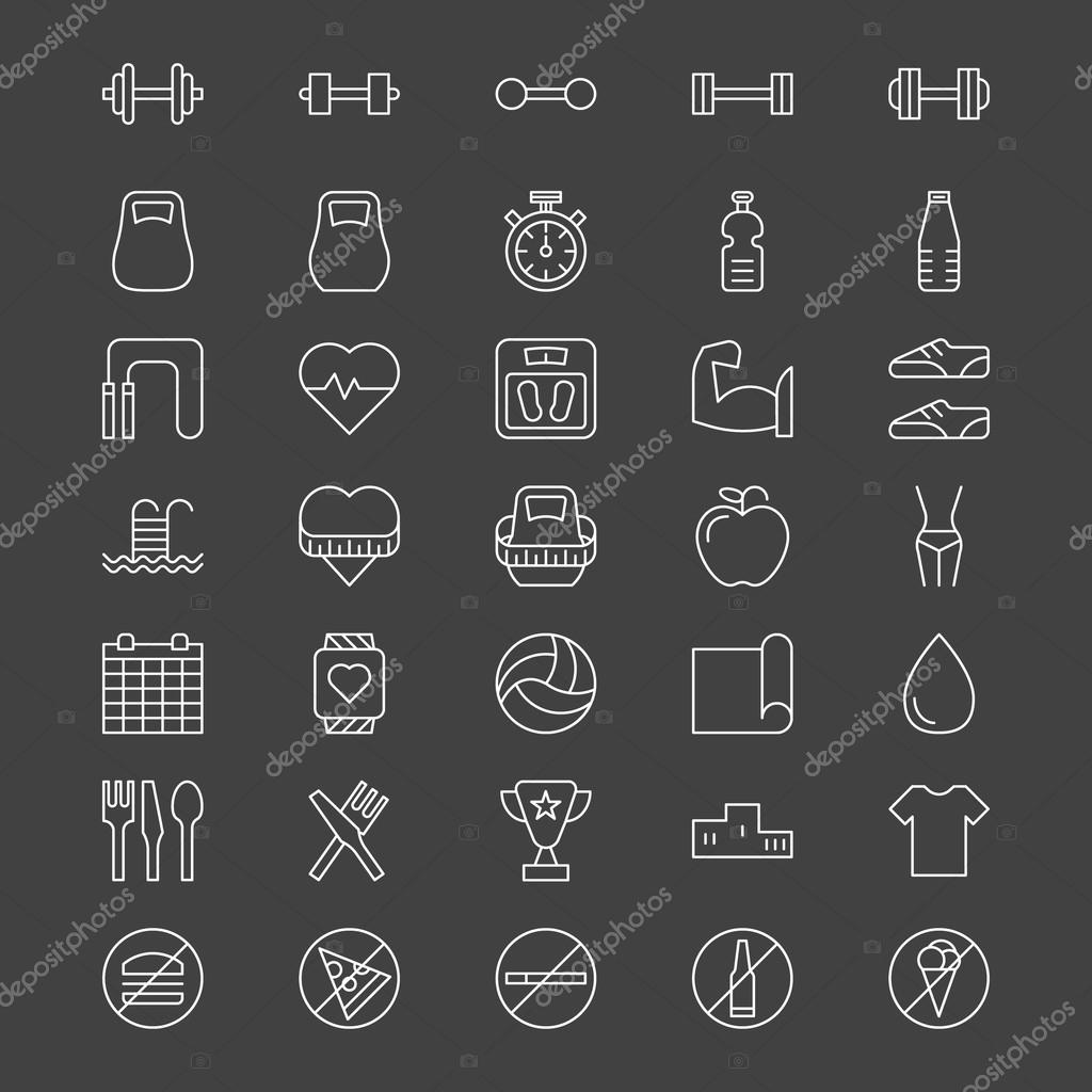 Sport or fitness icons - vector collection of thin line symbols