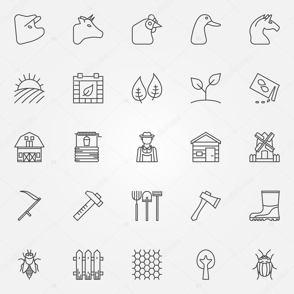 Farm icons set - collection of agriculture, gardening thin line vector symbols or signs