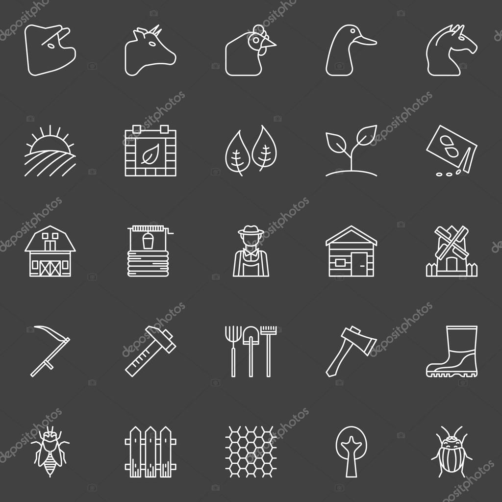Farm icons set - collection of agriculture, gardening thin line vector white symbols on dark background