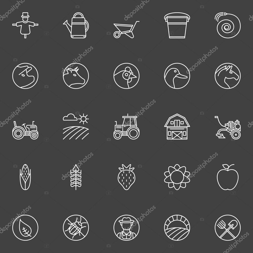 Farm icons - vector set of white thin line farming or gardening symbols on dark background