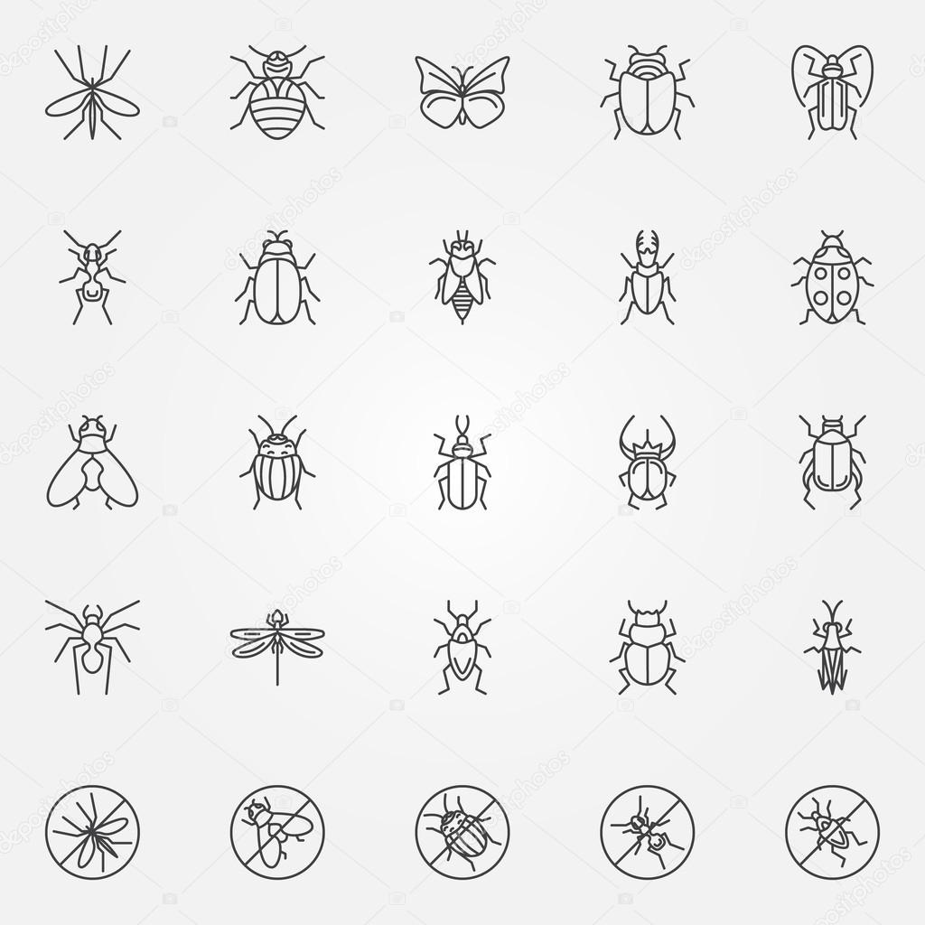 Insect icons set - vector collection of bugs symbols in thin line style