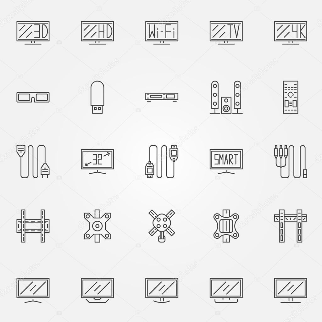 TV icons set - vector collection of flat screen TV and accessories thin line symbols