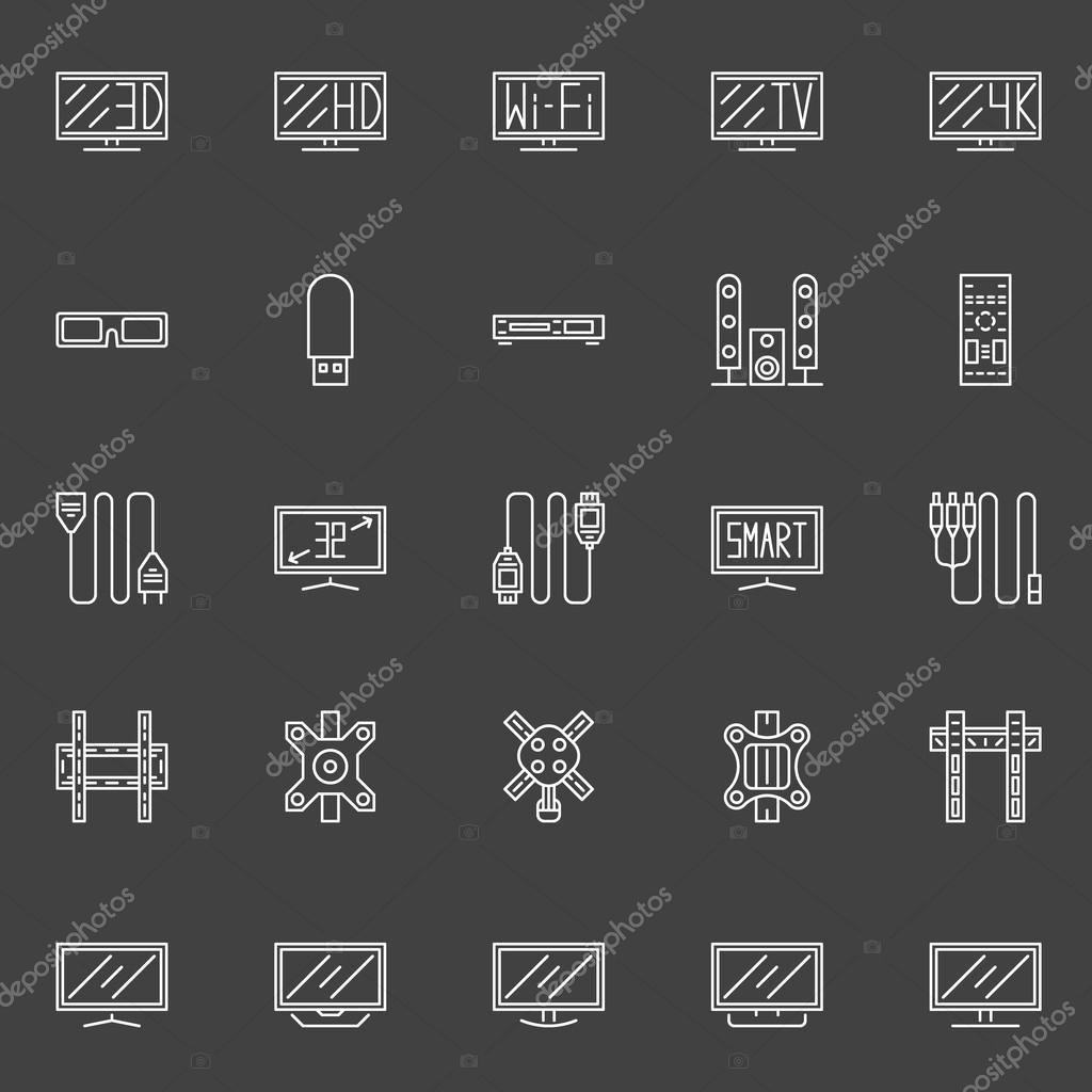 TV line icons - vector set of flat screen TV, wall bracket and cable symbols on dark background