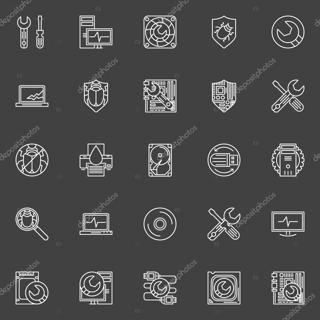 Computer repair icons - vector symbols of PC service in thin line style