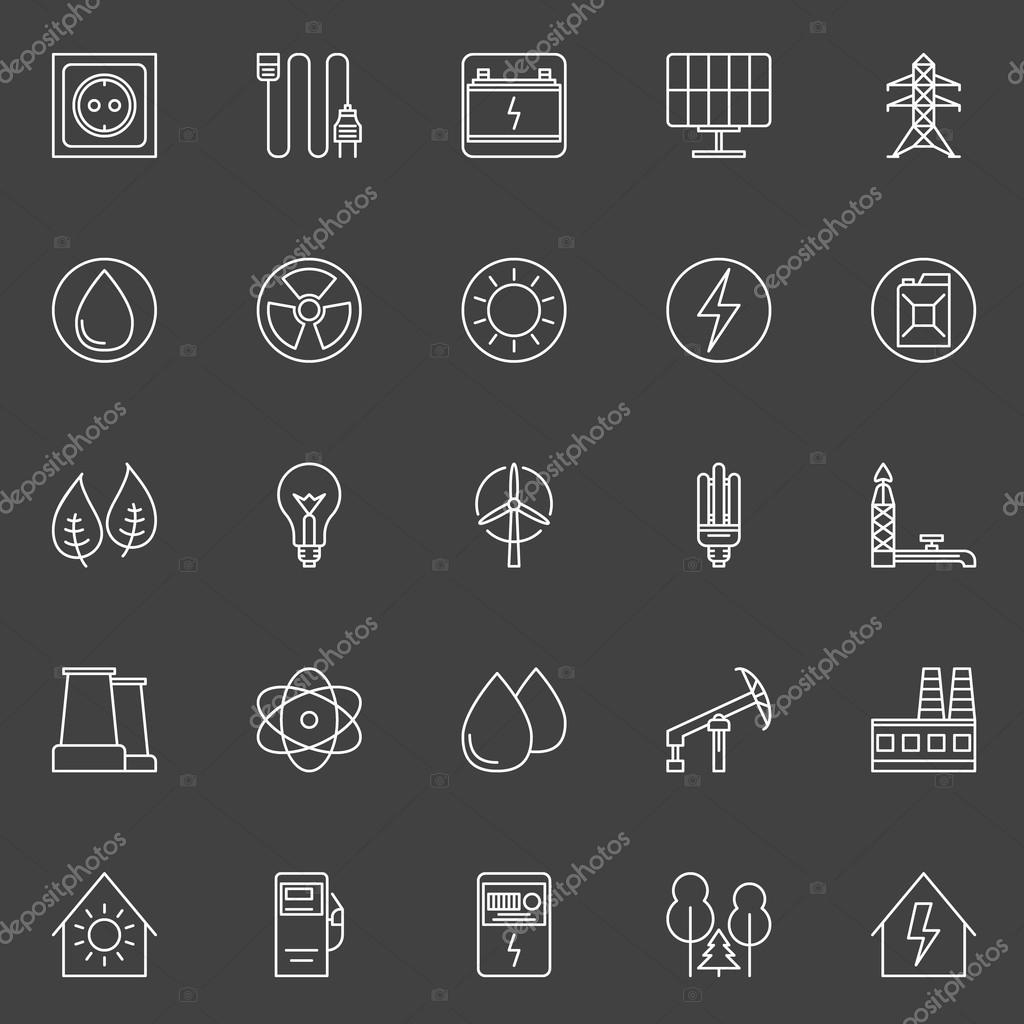 Energy icons collection - vector set of power, energy, electricity thin line symbols on dark background
