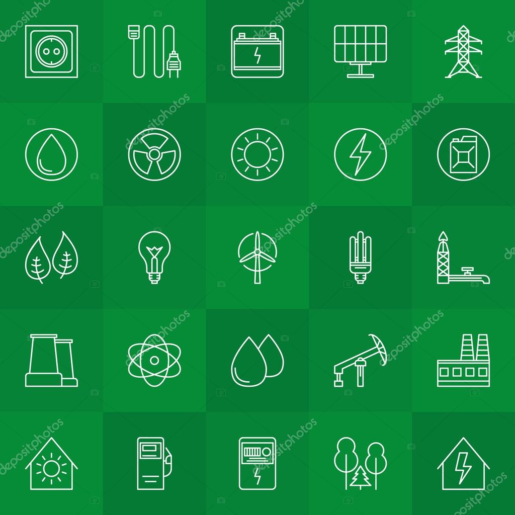 Energy and power linear icons - vector collection of thin line symbols or logo elements