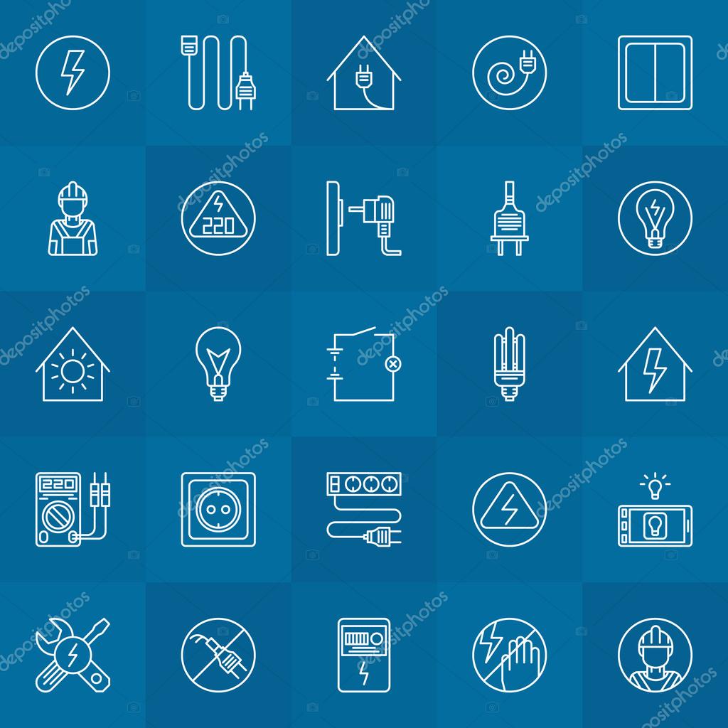 Electricity linear icons - vector home electrical symbols or logo elements in thin line style