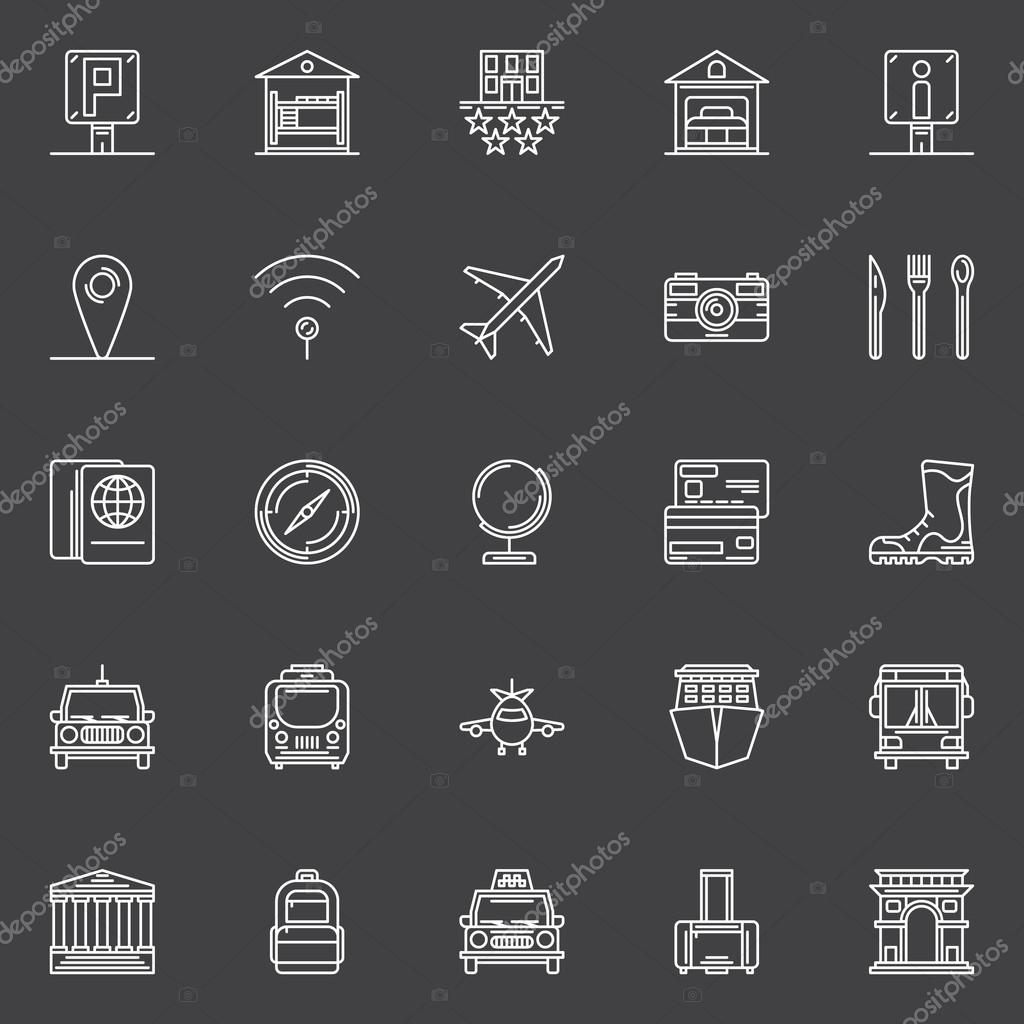 Travel icons set - vector collection of tourism and traveling thin line symbols or logo elements