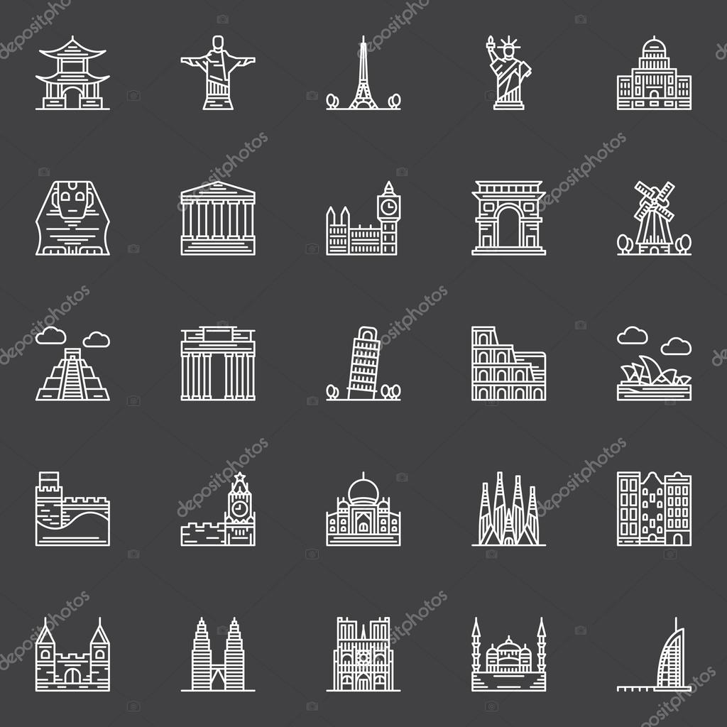 Monuments icons set - vector linear popular travel landmarks symbols and logo elements