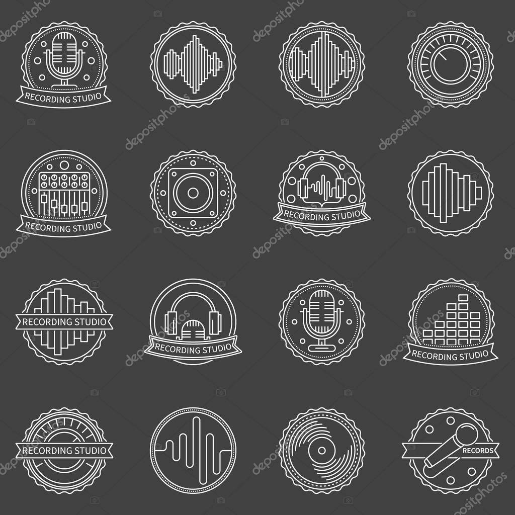 Recording studio labels and badges - vector set of linear sound or music emblems and logo elements on dark background