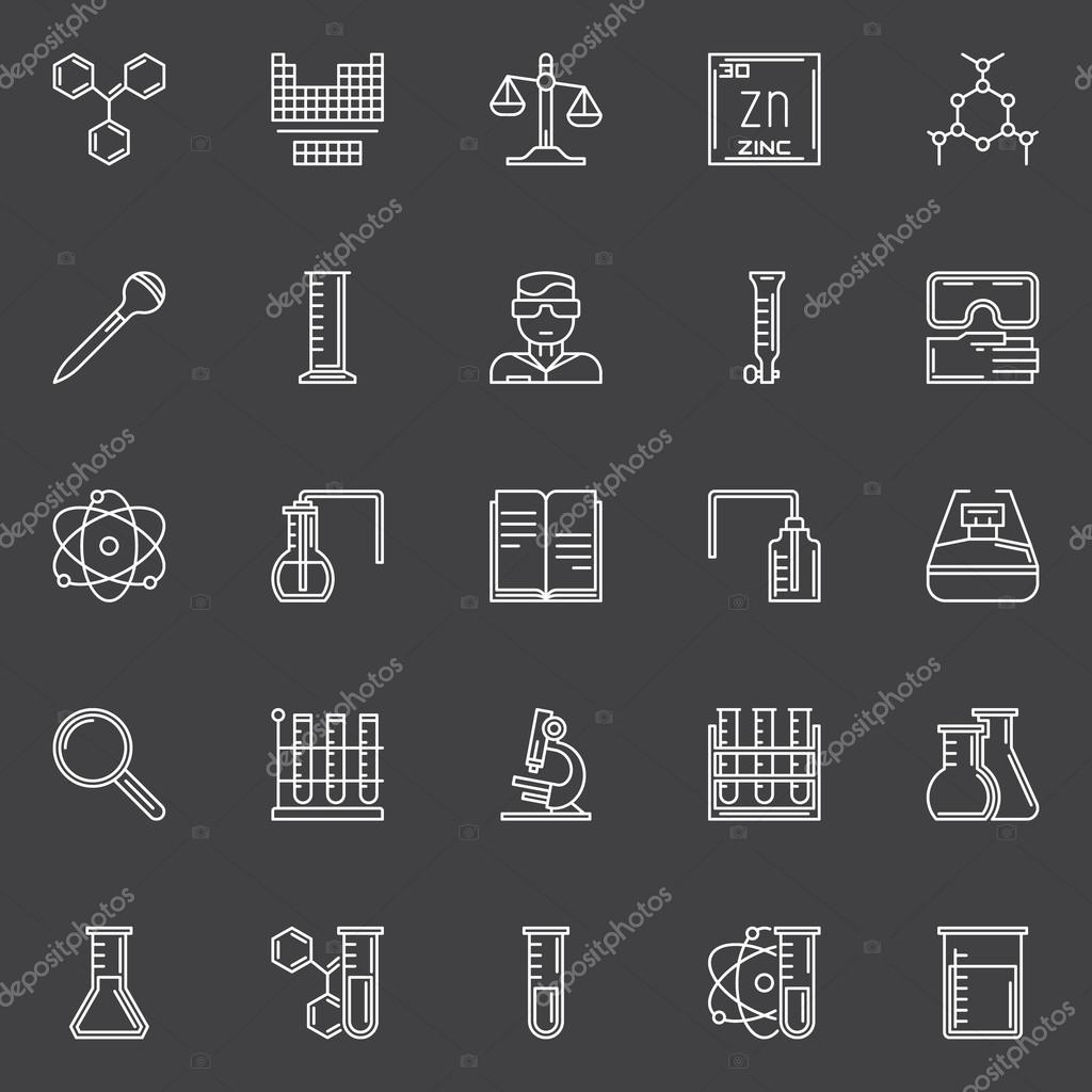 Chemistry and science icons - vector set of chemical laboratory equipment symbols or logo elements in thin line style