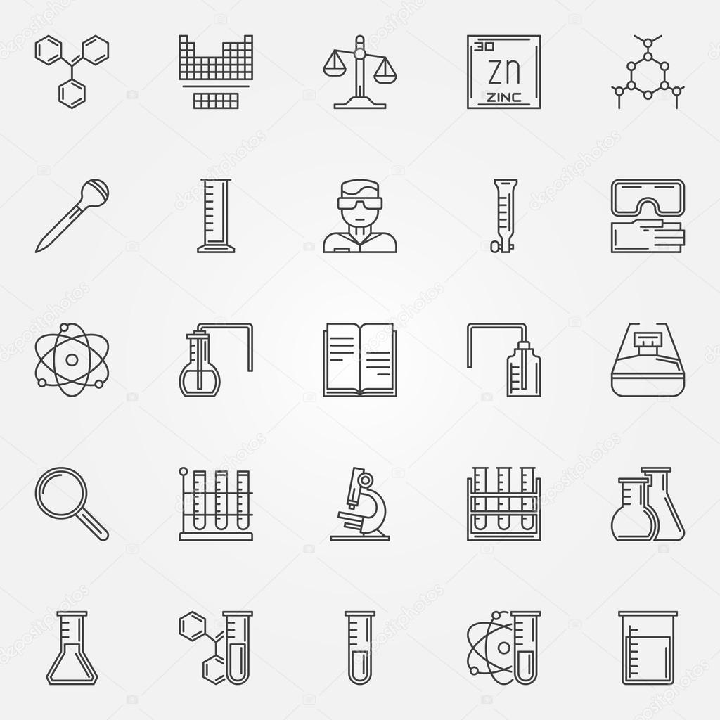 Chemistry icons set - vector linear symbols of test tubes, microscope, formula and other science and laboratory workspace equipment