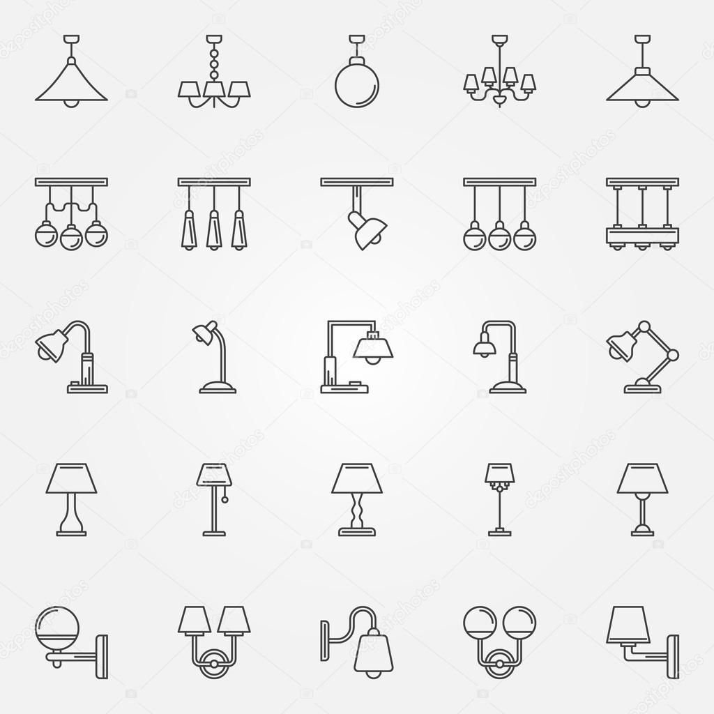 Lamp icons set - vector linear symbols of torchere, bra, chandelier or logo elements