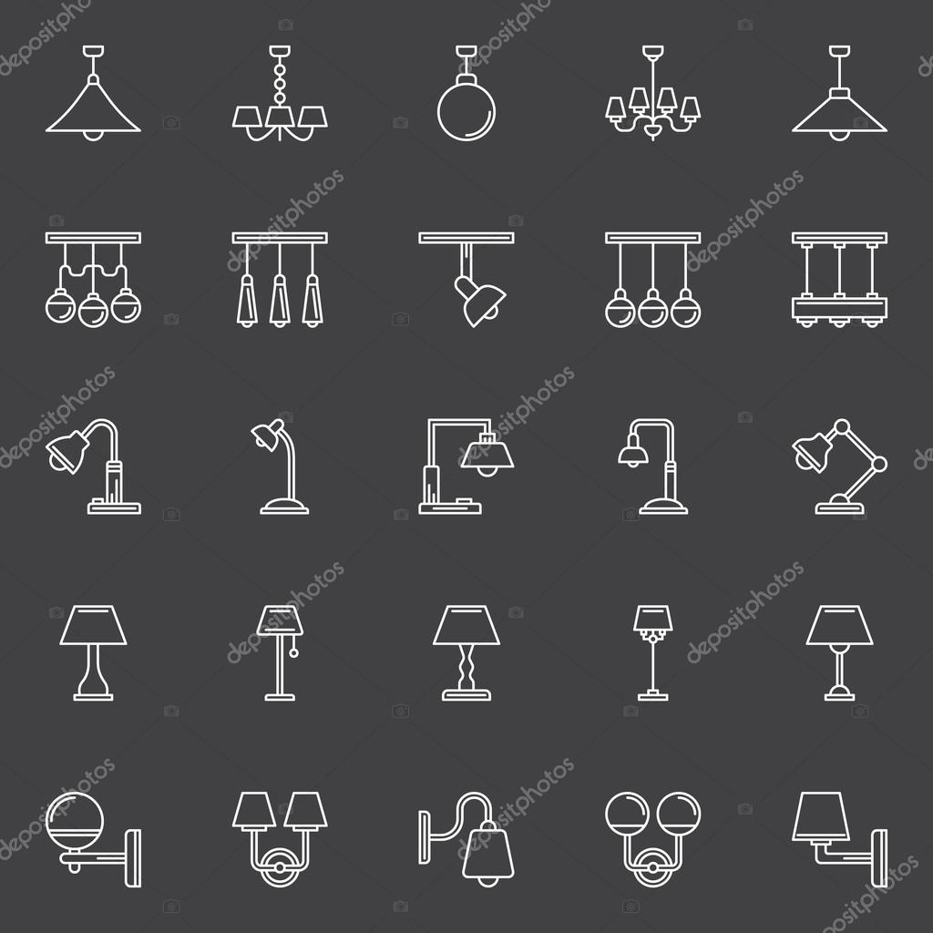 Lamp outline icons - vector set of white symbols or signs on dark background