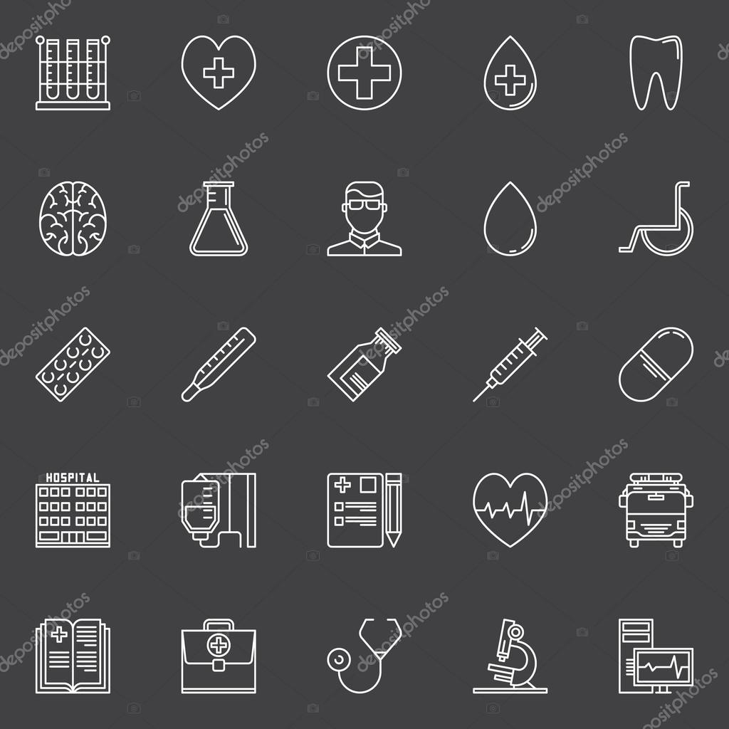Medical line icons set - vector linear heath care signs on dark background