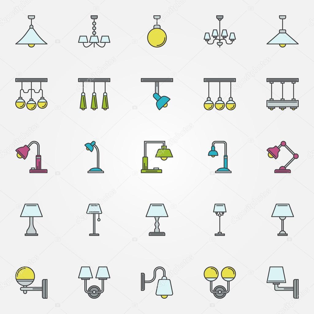 Lamp icons or signs - vector colorful flat symbols of chandelier, sconce and table-lamp