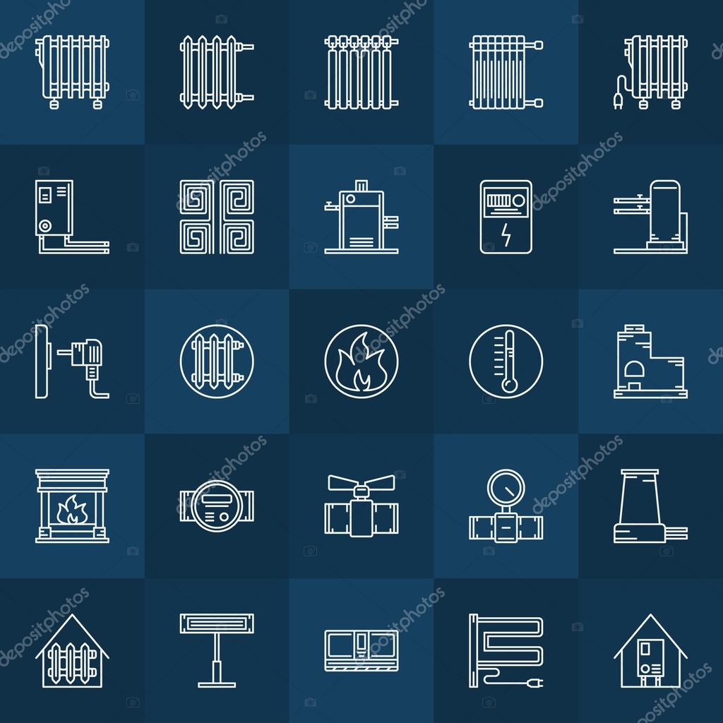 Home heating icons set - vector thin line heaters symbols or signs