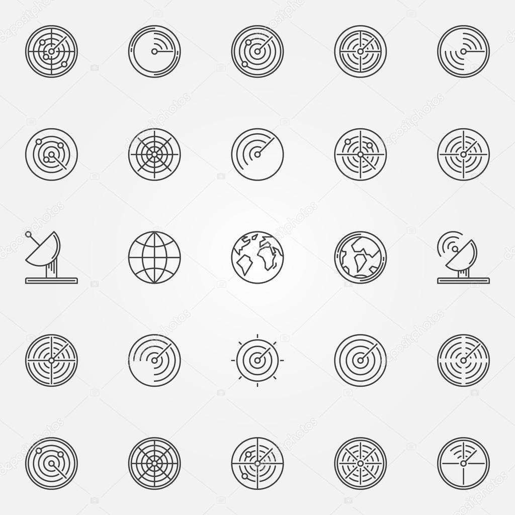 Radar icons set - vector thin line radiolocation sign or sonar logo element
