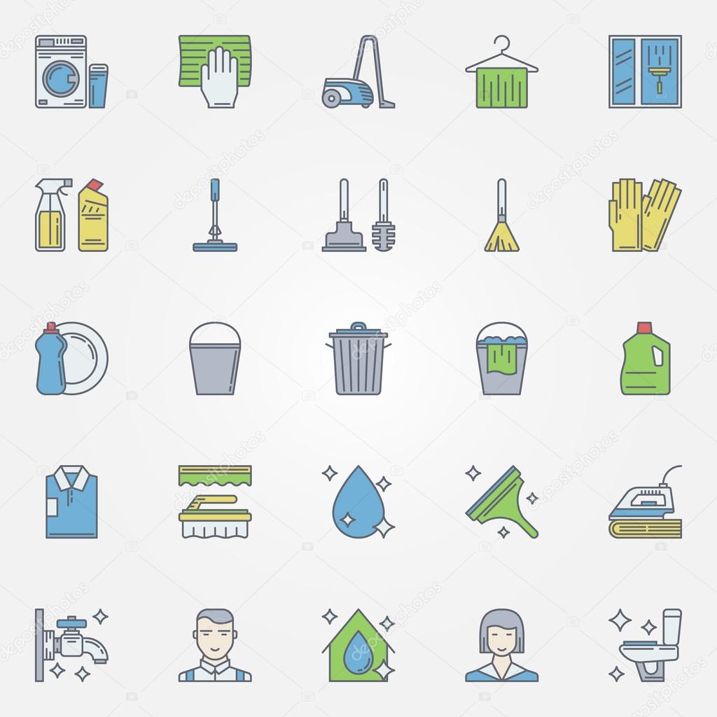 Cleaning colorful icons - vector collection of laundry, washing symbols and cleaning tools signs