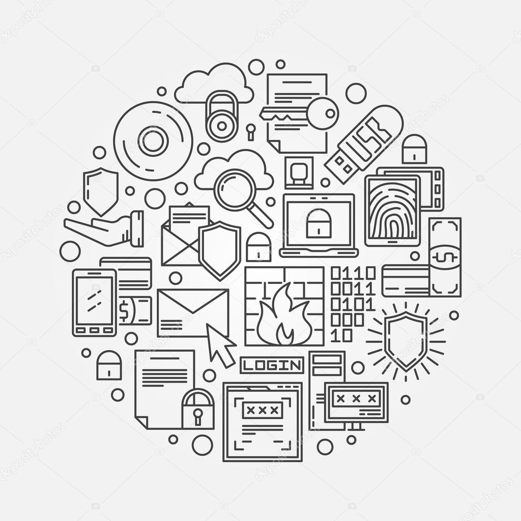 Internet or computer security illustration - vector round security symbol made with thin line signs