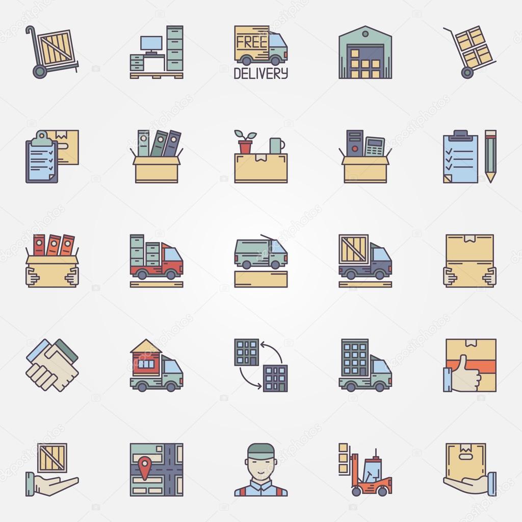 Moving icons set - vector concept colorful signs and symbols of house or office moving