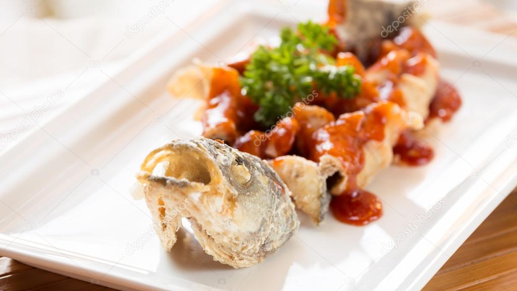 Japanese style fried sea bass, served with sweet and sour sauce