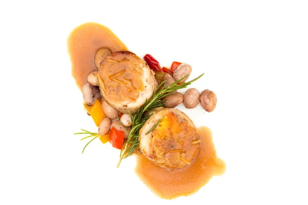 Rabbit stuffed with wild mushrooms, served with sauted haricot b — Stock Photo, Image