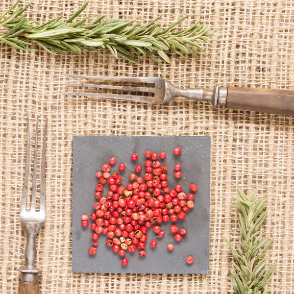 Pimienta roja en platos oscuros con romero y tenedor antiguo — Foto de Stock