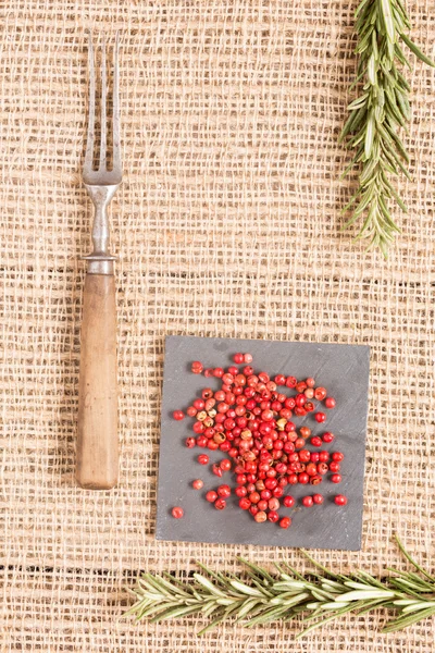 Pimienta roja en platos oscuros con romero y tenedor antiguo — Foto de Stock