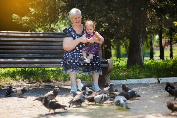 Бабушка и внучка прогуливаются по парку — стоковое фото