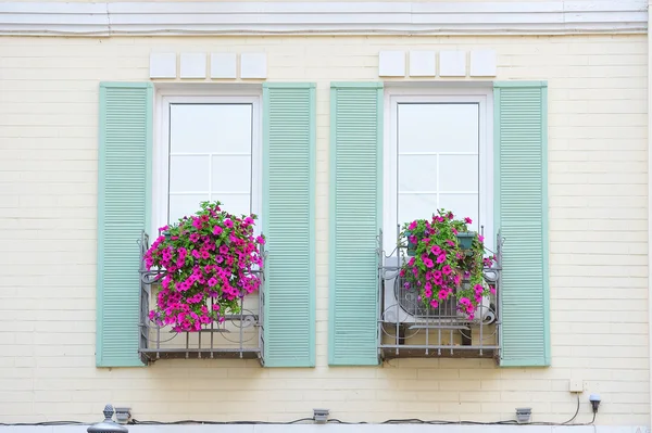 Ventanas con persianas de madera decoradas con flores rosas — Foto de Stock