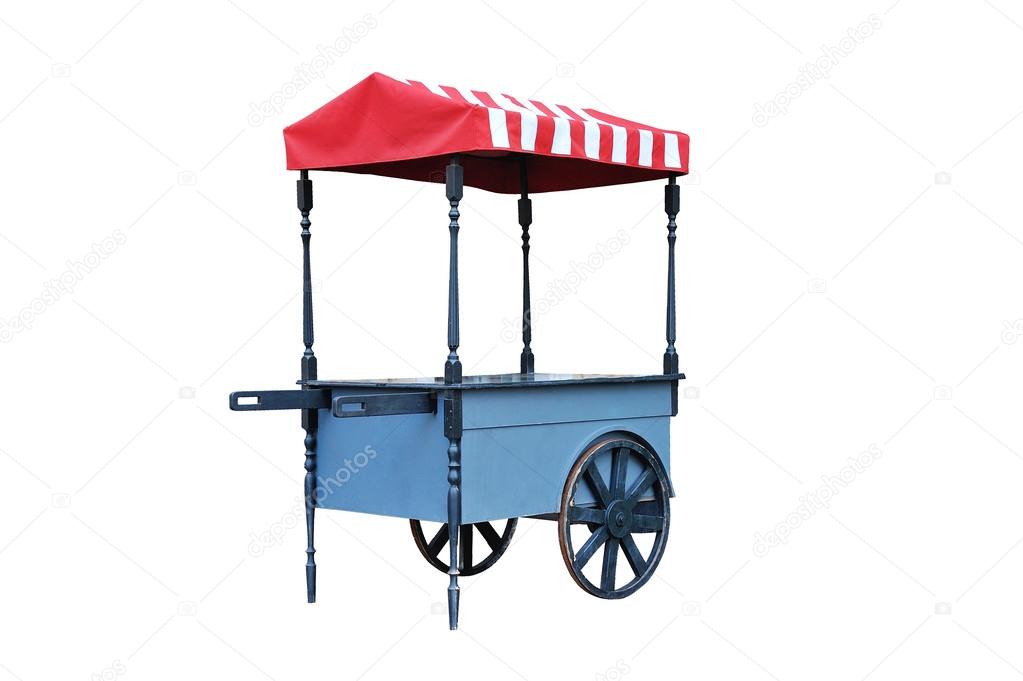 Vintage street shop. Blue farmer's market cart with striped colo