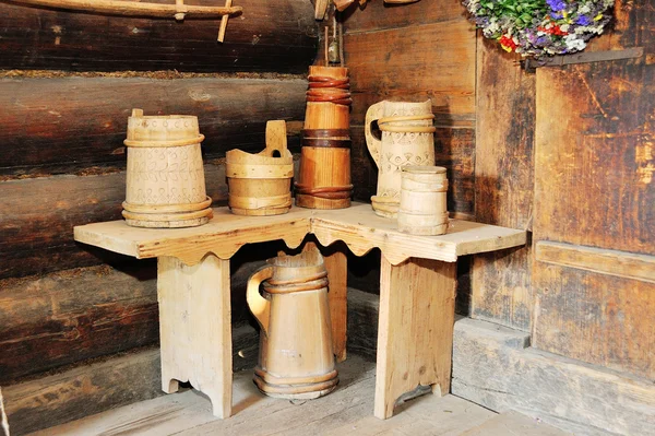 House ware medieval people of Ukraine. Mugs, buckets, bench — Stock Photo, Image