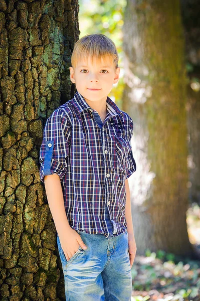 Elegante ragazzo carino in posa vicino a un albero — Foto Stock