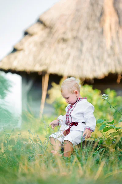 Мальчик в украинской вышитой рубашке в деревне — стоковое фото
