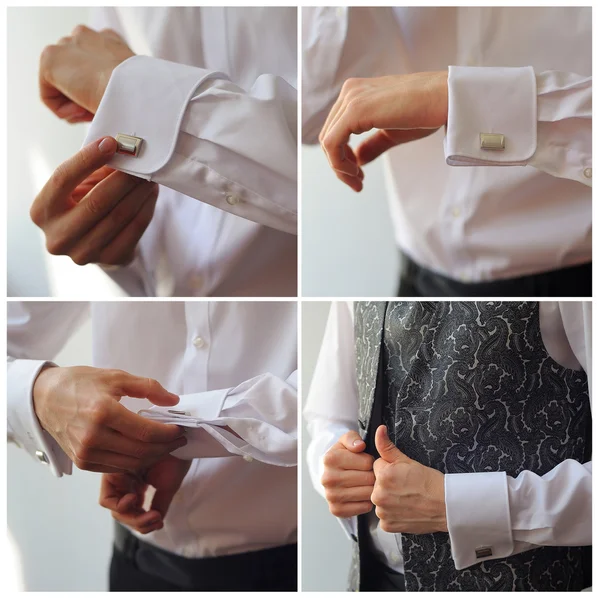 Men wear cufflinks on a shirt sleeve — Stock Photo, Image