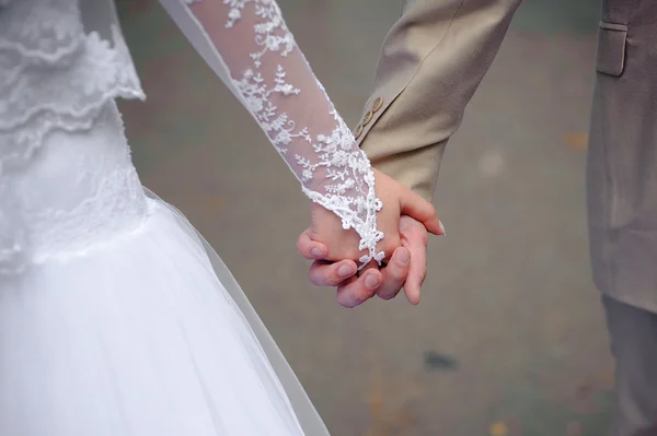 Bride and groom holding hands — Stock Photo, Image