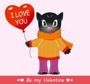 Sevimli çizgi siyah kedi kazak bir eşarp ile. Mutlu Sevgililer günü kartı. Vektör çizim.