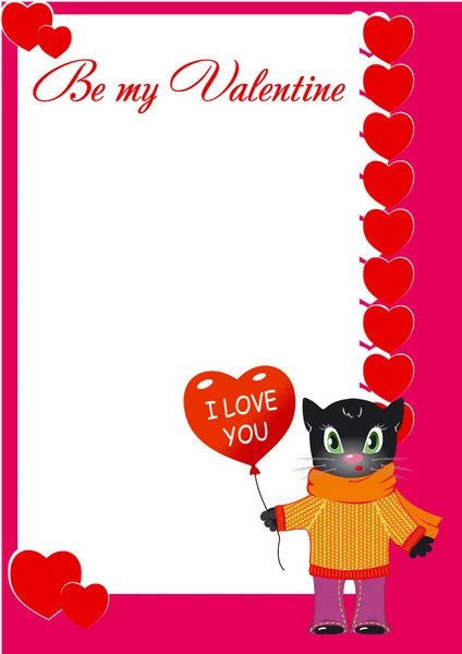 スカーフをかわいい漫画黒猫セーター。幸せのバレンタイン カード。ベクトル図. — ストックベクタ