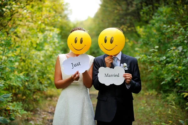 Just married balloons with smiles — Stock Photo, Image