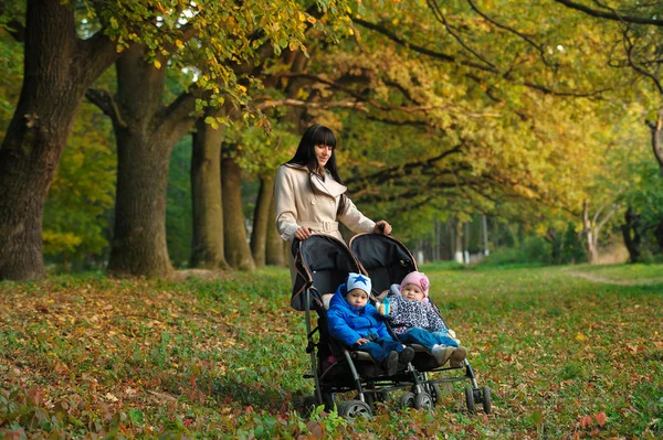 Madre con niños gemelos en un paseo por el parque de otoño — Foto de Stock