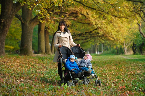 Madre con niños gemelos en un paseo por el parque de otoño — Foto de Stock