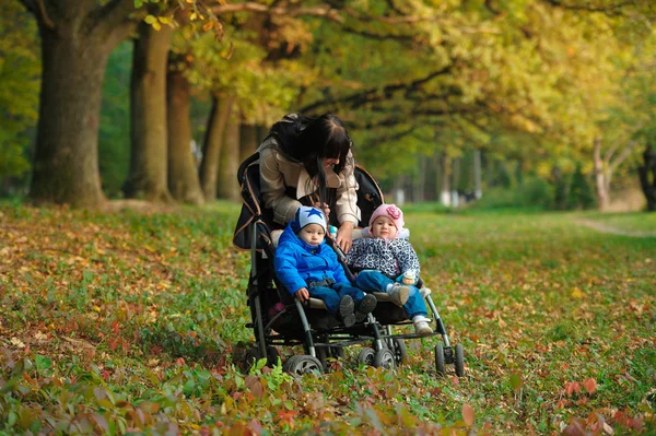 秋の公園で散歩に子供の双子を持つ母 — ストック写真