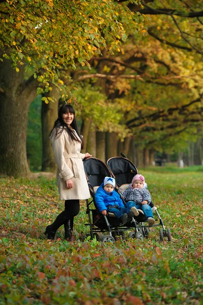 Madre con niños gemelos en un paseo por el parque de otoño — Foto de Stock