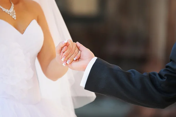 Bride and groom holding hands — Stock Photo, Image