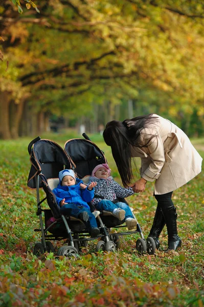 Madre con niños gemelos en un paseo por el parque de otoño — Foto de Stock